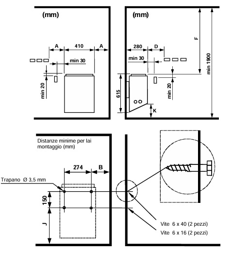 Disegno tecnico con misure per montaggio in sicurezza della stufa VIENNA