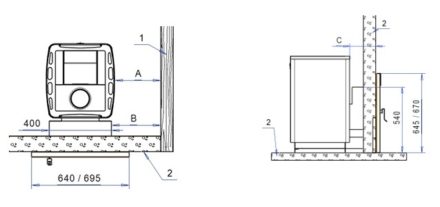 Disegno Tecnico con misure per montaggio in sicurezza della stufa SAGA T