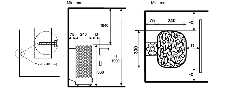 Disegno Tecnico con misure per montaggio in sicurezza della stufa LAINE
