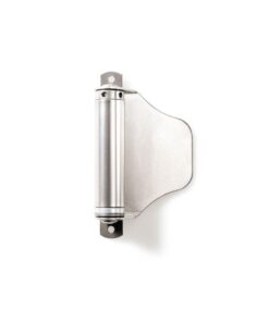 Chiusura automatica Tylö per porte sauna in acciaio inox, facile da montare sul lato cerniera. Si chiude completamente da posizione aperta, garantendo sicurezza e praticità.