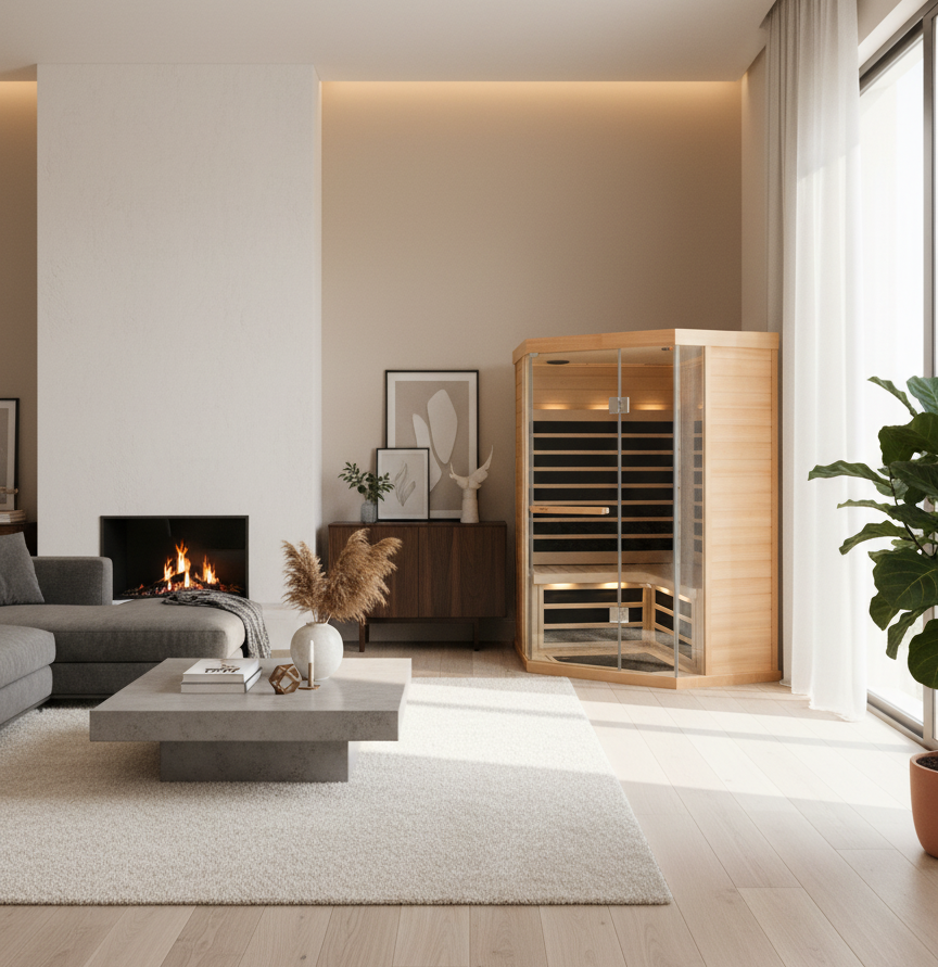 Immagine sauna infrarossi Tylo ad angolo in soggiorno